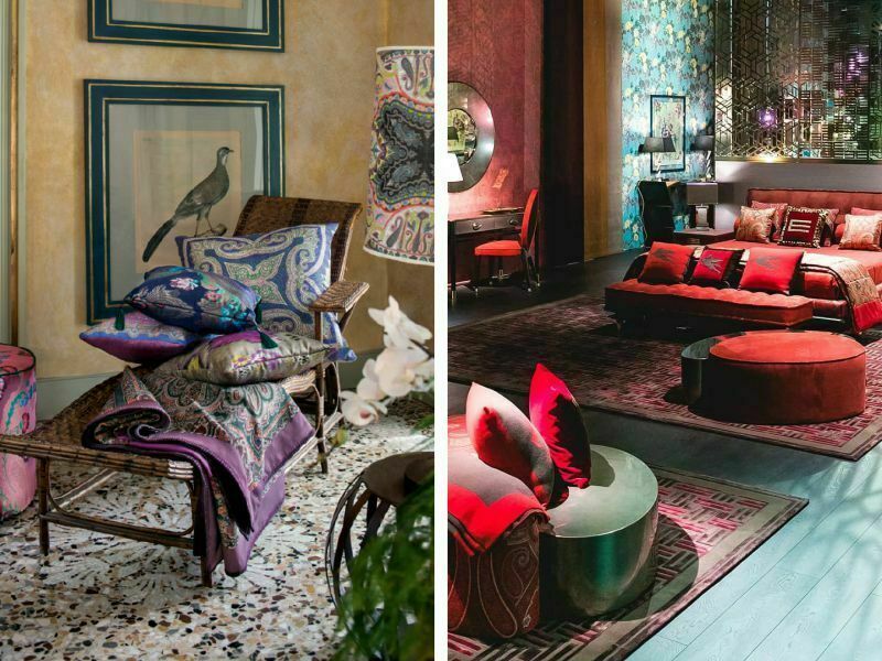Etro Home koleksiyonundan ürünlerin sergilendiği şık bir mağaza köşesi.