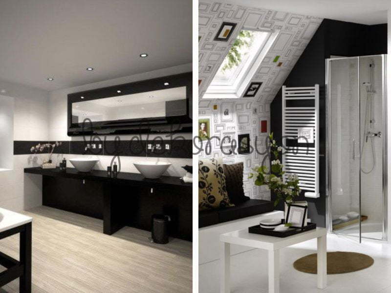 Gümüş varaklı büyük bir ayna, mermer tezgah ve şık armatürlerle dekore edilmiş lüks bir banyo.