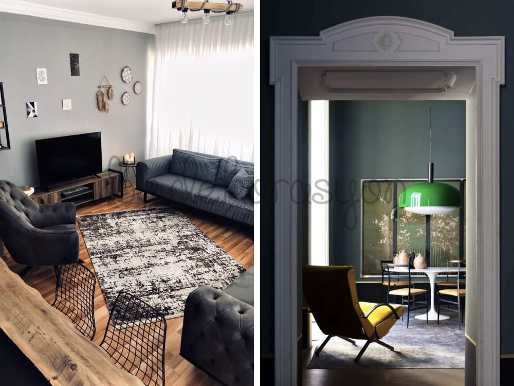 Nötr renkli bir salonda renkli bir tablo ve yastıklarla yaratılan vurgu