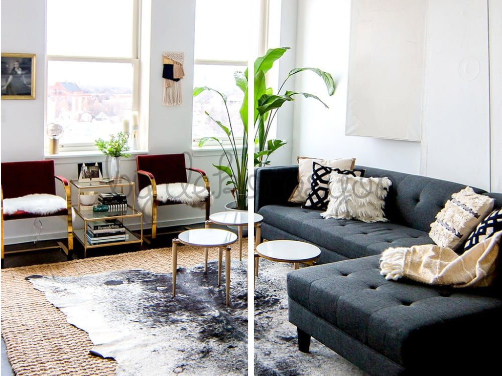 Düz ve net hatlara sahip modern bir kanepe ve mobilyalar