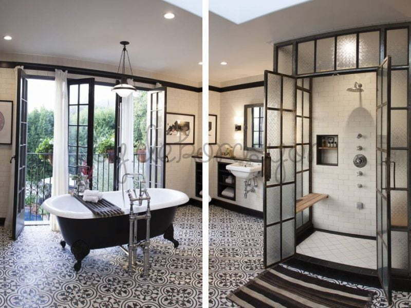 Farklı dokuların ve desenlerin bir arada kullanıldığı eklektik banyo