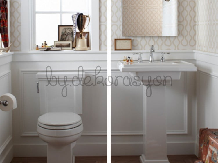 Modern bir banyoda kullanılan varaklı ve oymalı büyük bir ayna