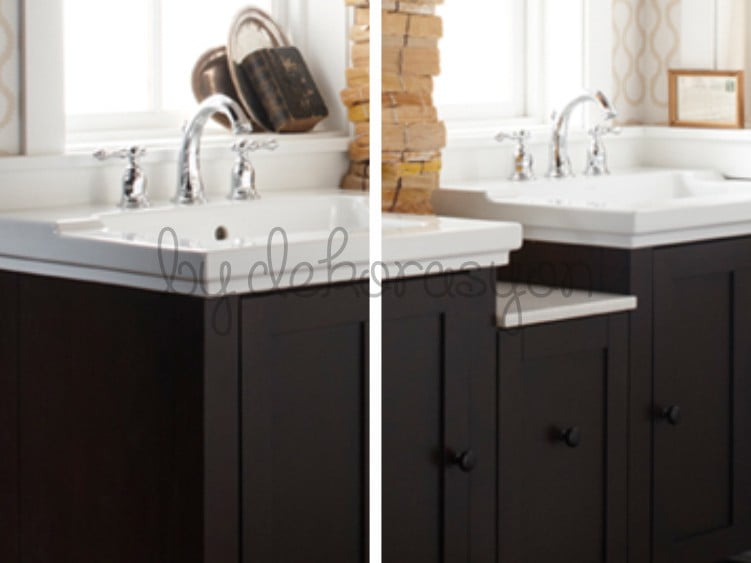 Tezgah üstü çanak lavabo ve altındaki şık banyo dolabı