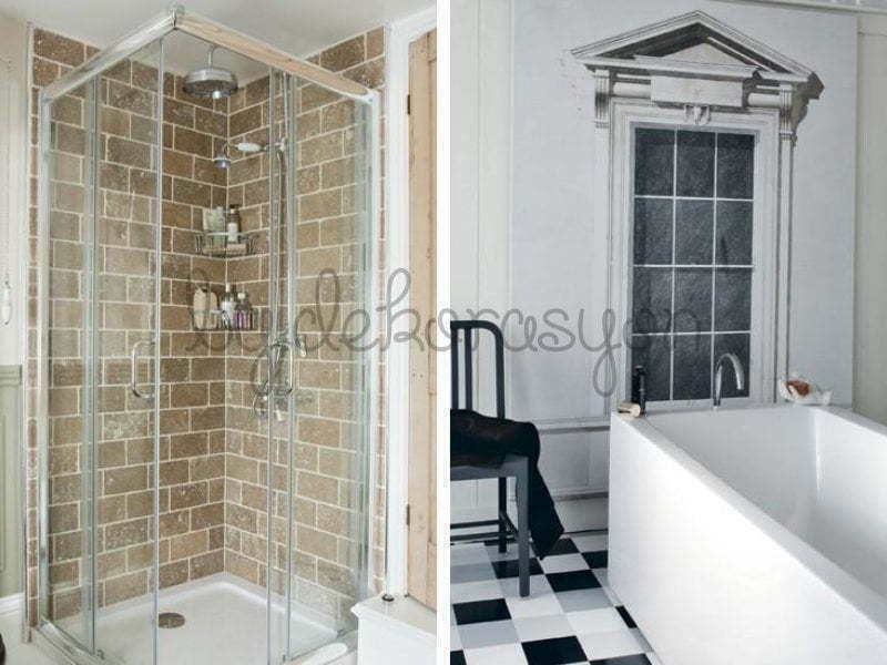 Ahşap tezgahlı, beyaz dolaplı ve şık bir lavabo ile modern bir banyo dolabı.