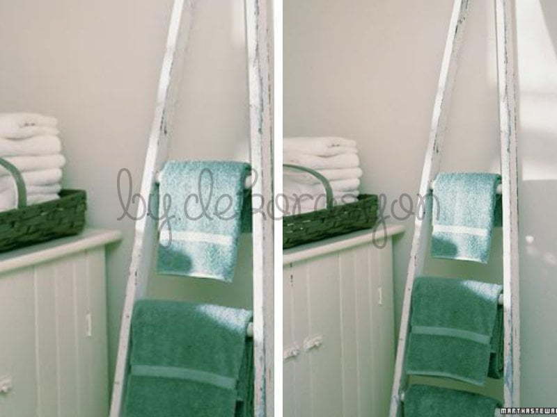 Beyaza boyanmış ve duvara dayalı olarak havluluk şeklinde kullanılan eski bir ahşap merdiven.