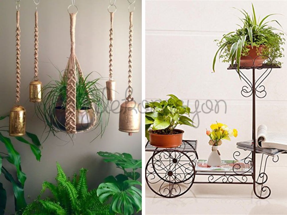 Modern metal veya ahşap ayaklar üzerinde duran, yerden yüksek bir salon saksısı.