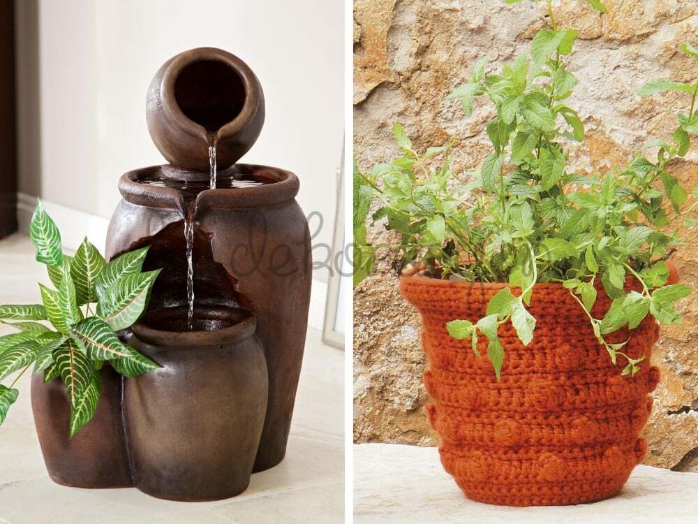 Doğal hasır veya rattandan örülmüş, sepet görünümlü bir saksı kılıfı.
