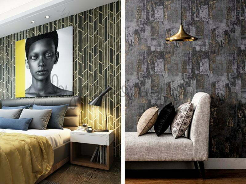 Taş desenli duvar kağıdı uygulanmış modern bir TV arkası duvarı