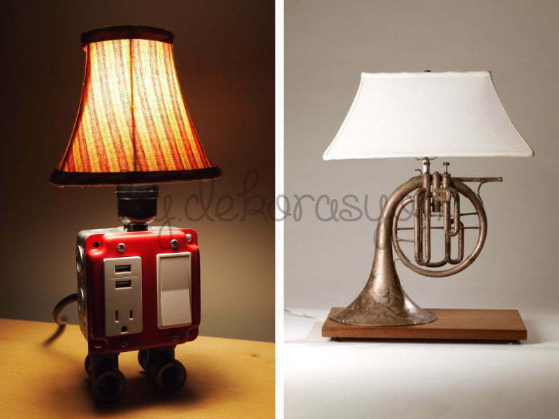 Üç ayaklı (tripod) ahşap gövdeye sahip, modern bir lambader.