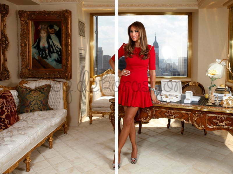 Melania Trump'ın evinin genel görünümü, yüksek tavanlar ve klasik mobilyalar.