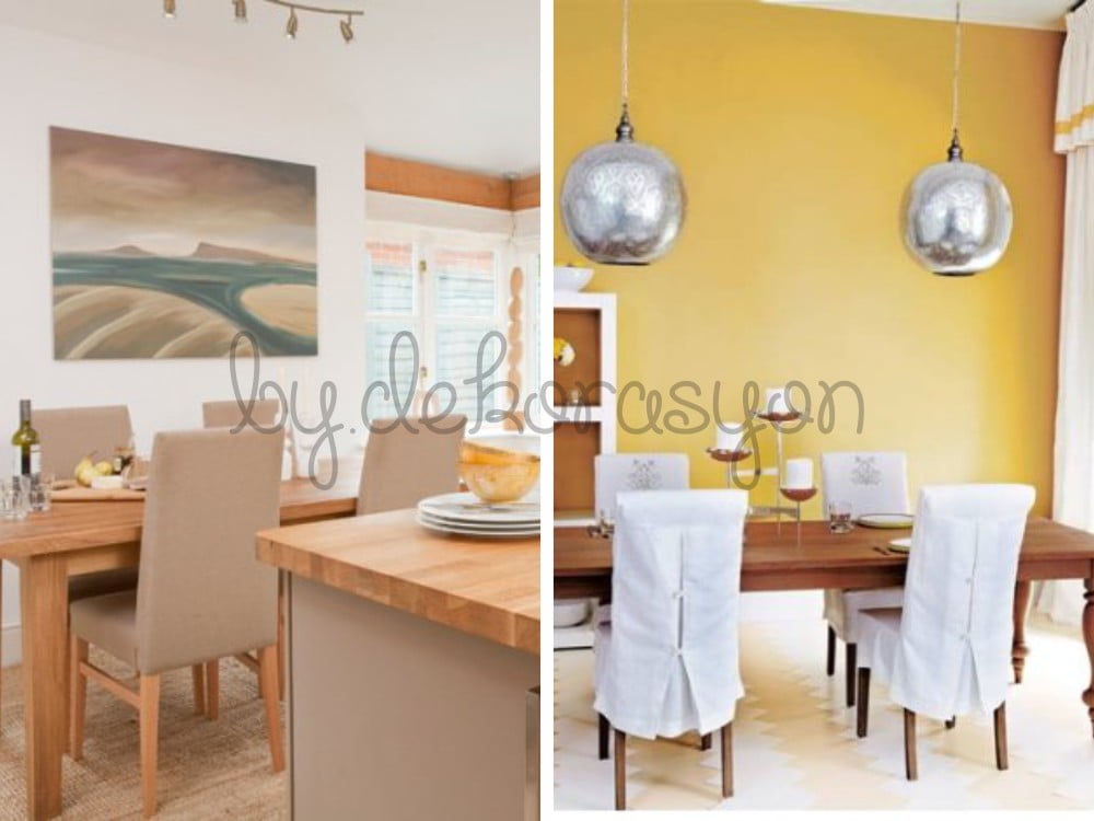 Yemek masası takımının altına serilmiş desenli bir halı