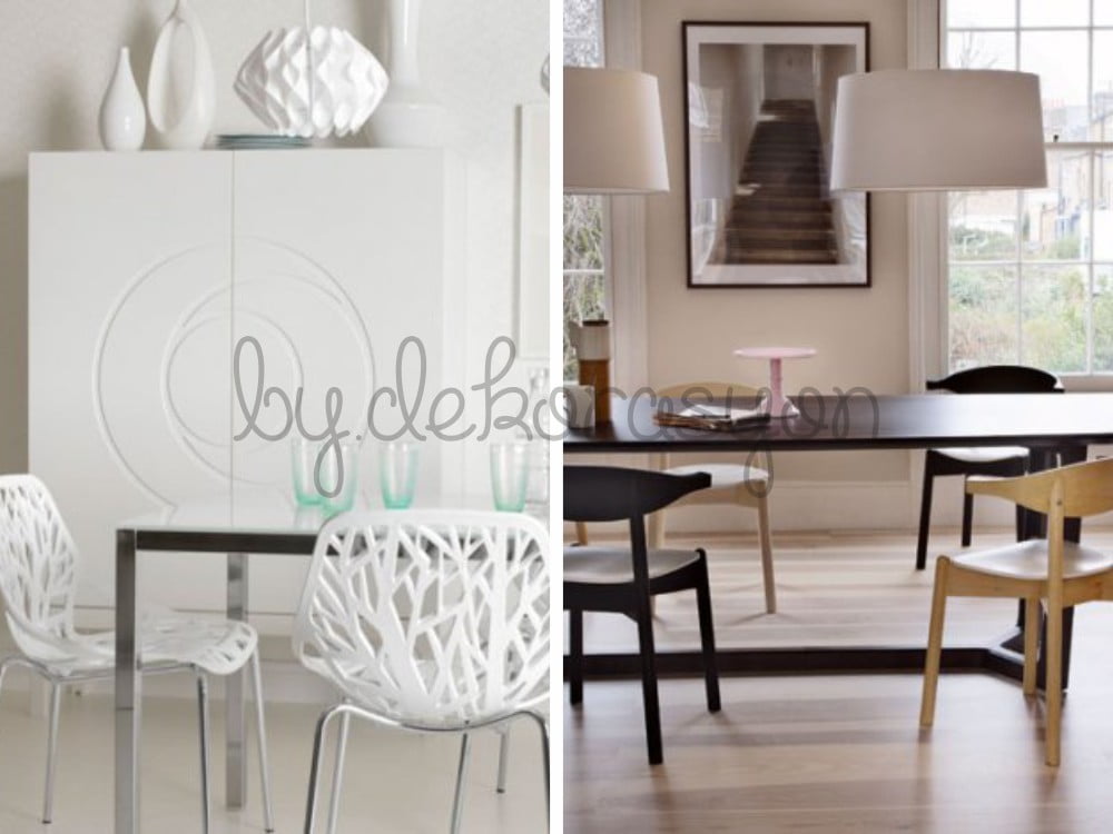 Modern dekore edilmiş bir yemek odasında beyaz yemek masası takımı