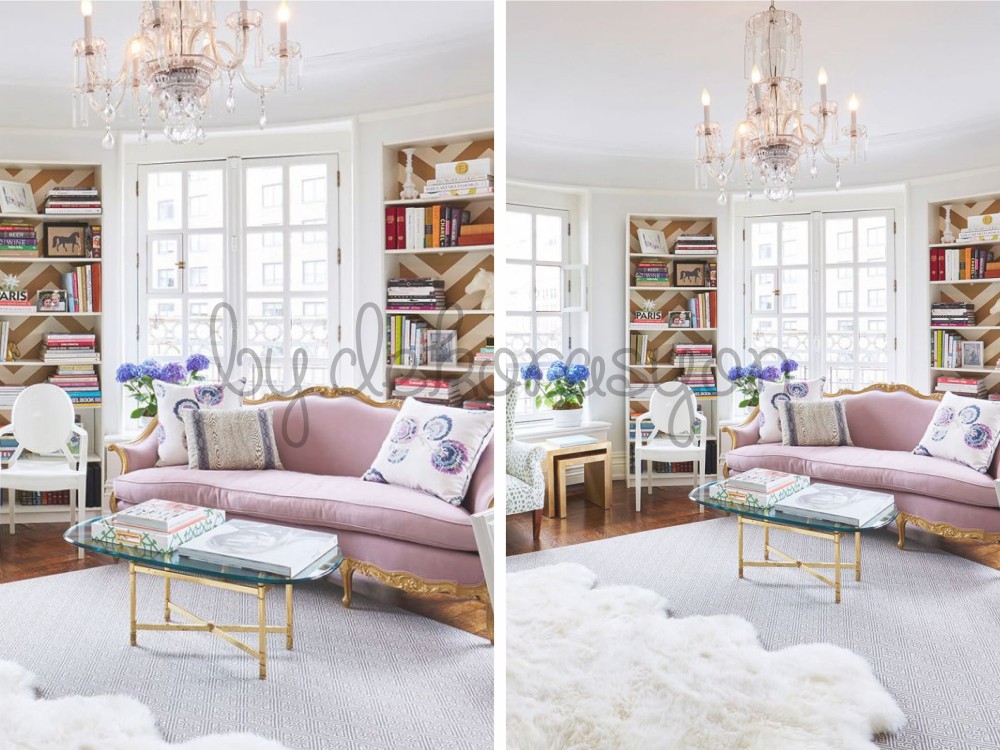 Pudra pembesi ve gri tonlarında dekore edilmiş modern bir oturma odası