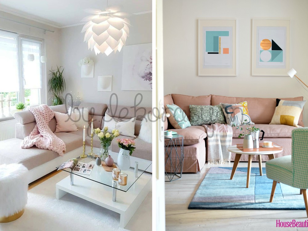 Geometrik desenli halı ve pastel renkli mobilyalar