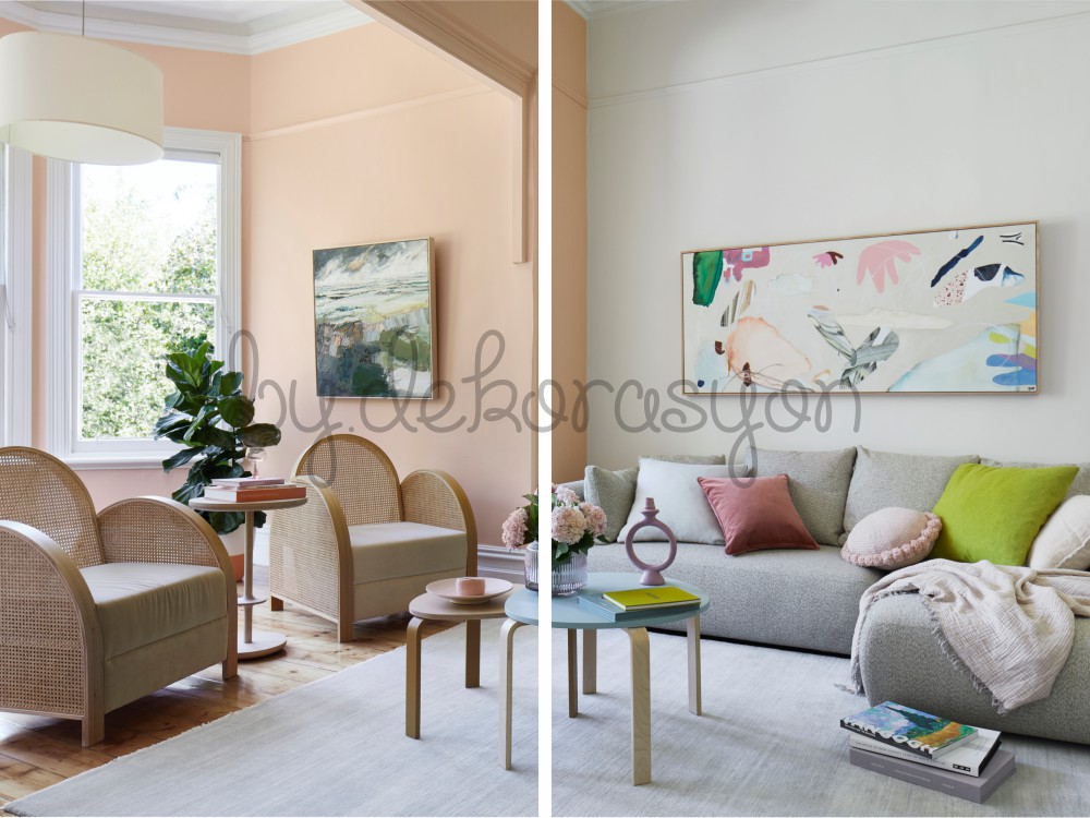 Mavi ve pembenin bir arada kullanıldığı uyumlu bir oda