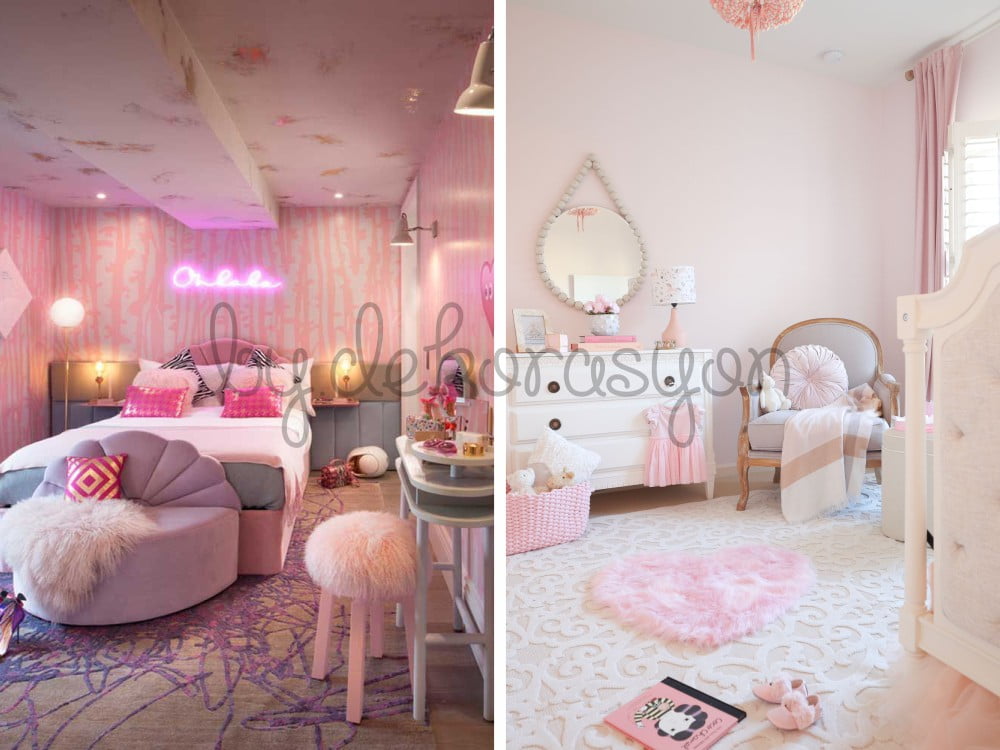 Pembe ve gri renklerin bir arada kullanıldığı çocuk odası