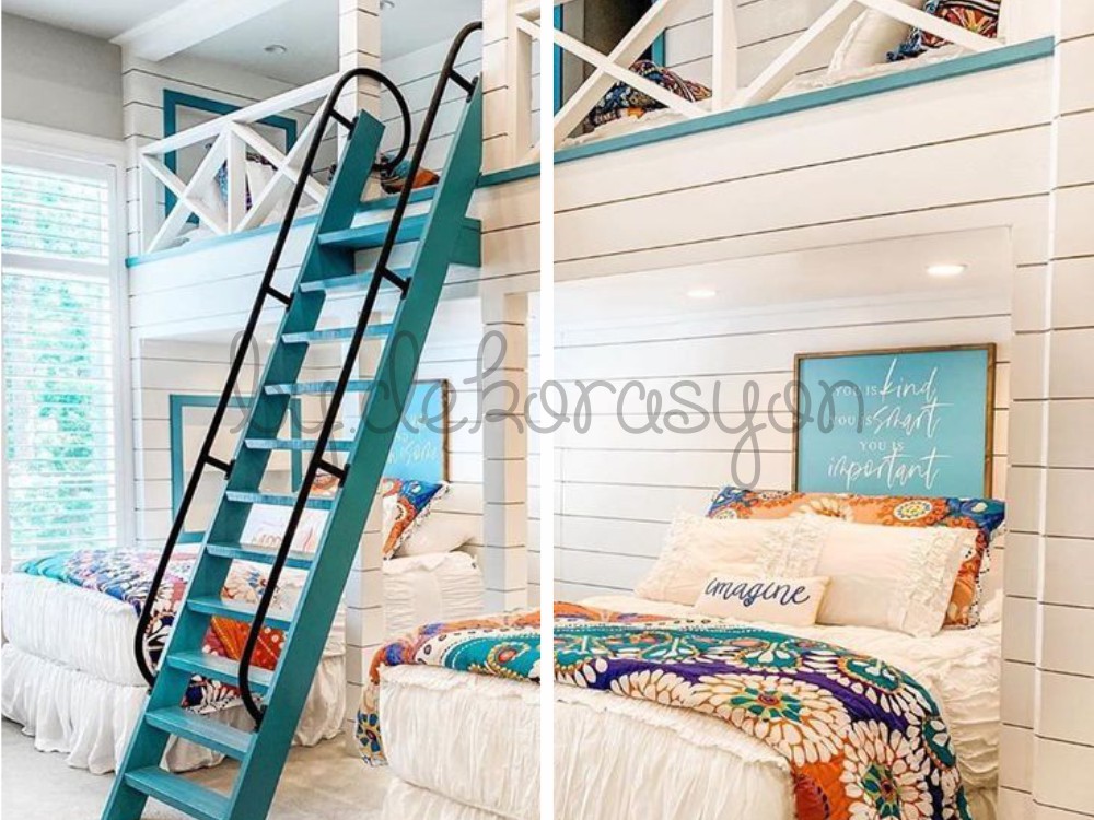 Dört yataklı, ev şeklinde tasarlanmış özel yapım ranza