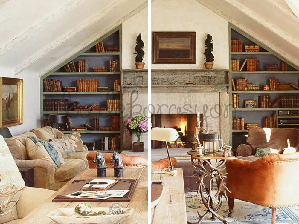 Ahşap kitaplık ve doğal dokulu koltuklarla rustik salon dekorasyonu