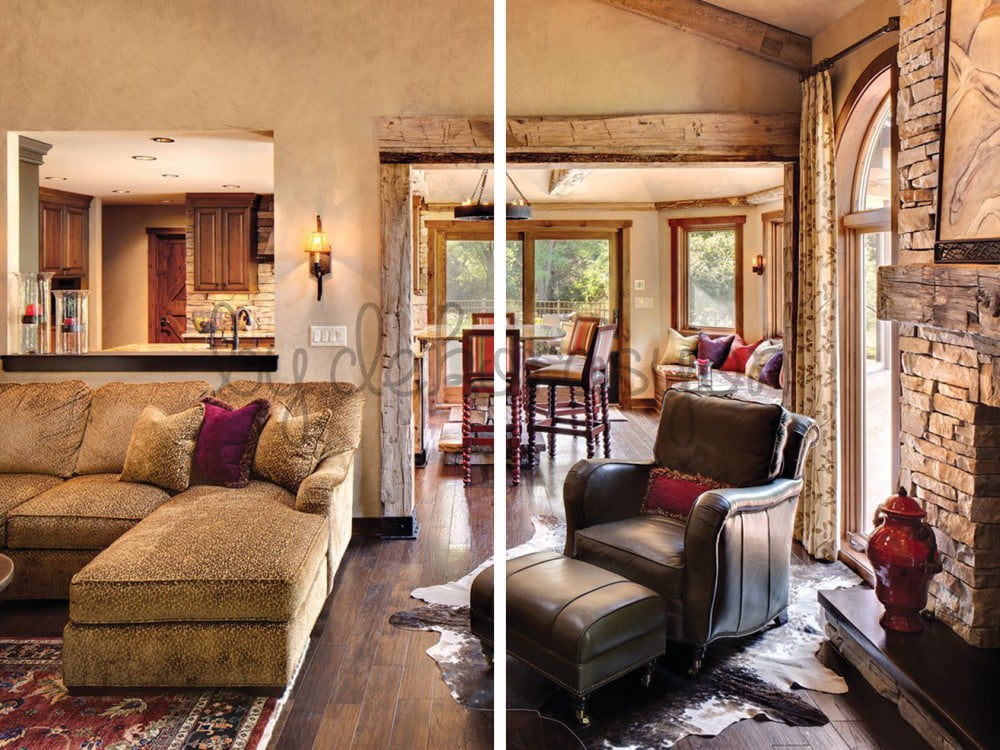 Ahşap tavan kirişleri olan rustik oturma odası