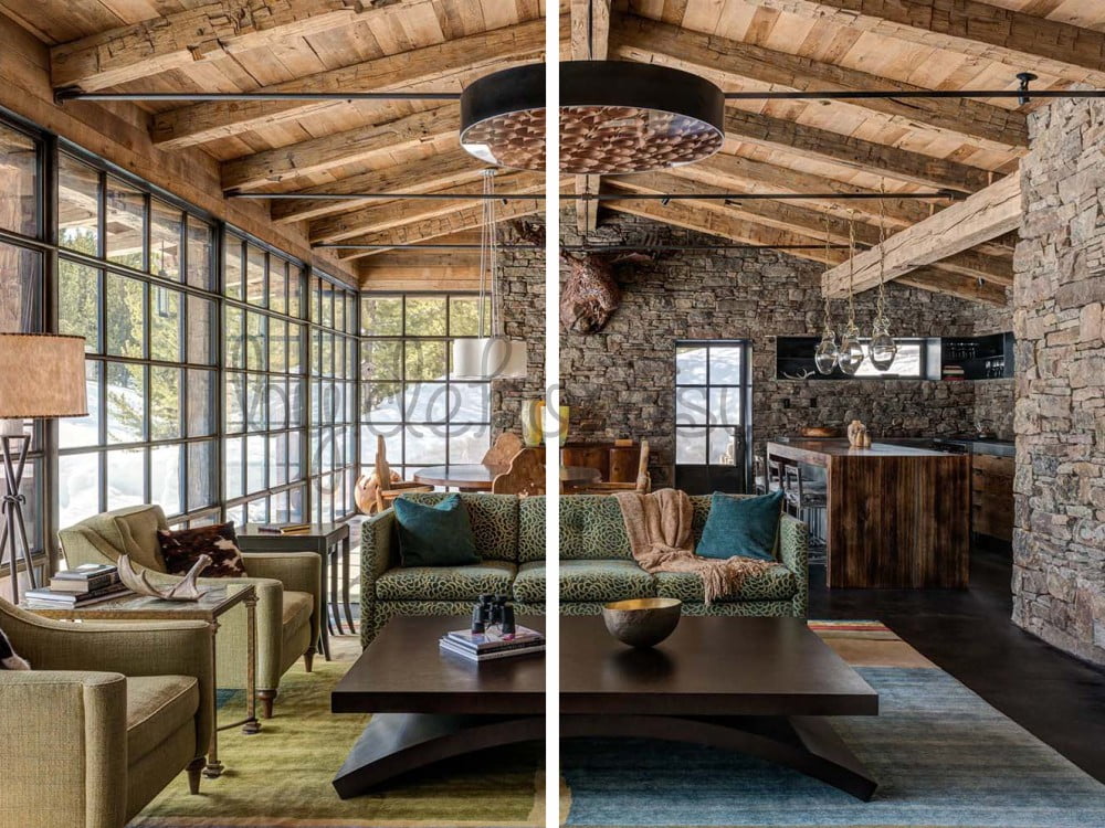 Rustik mobilyalarla döşenmiş bir salon