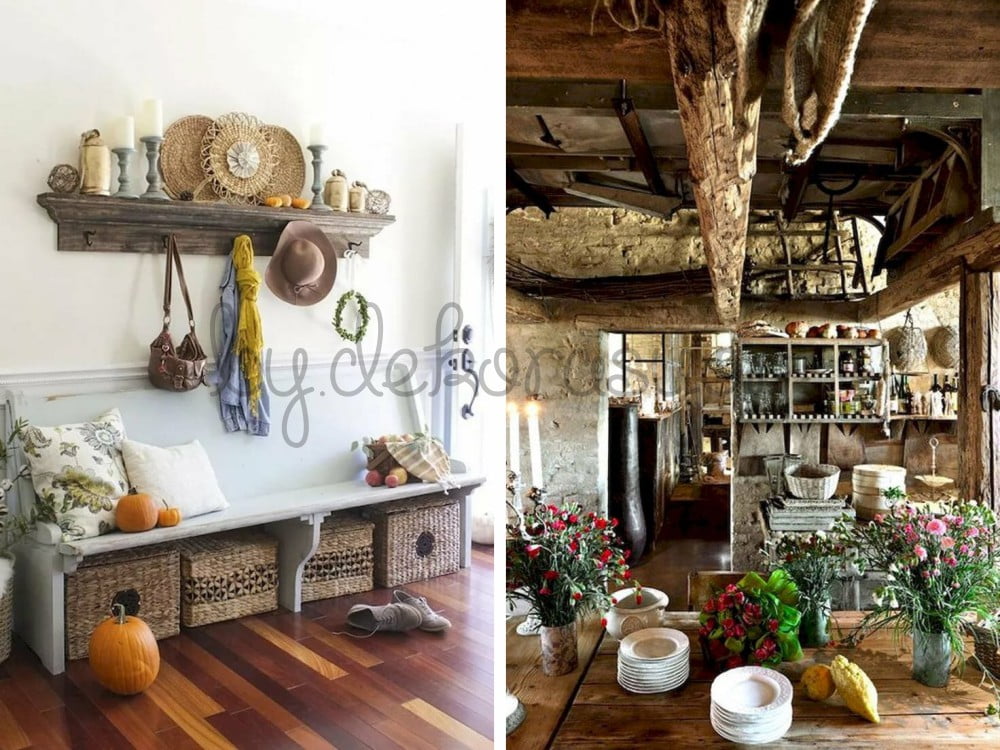 Ahşap bank ve askılık olan rustik bir antre