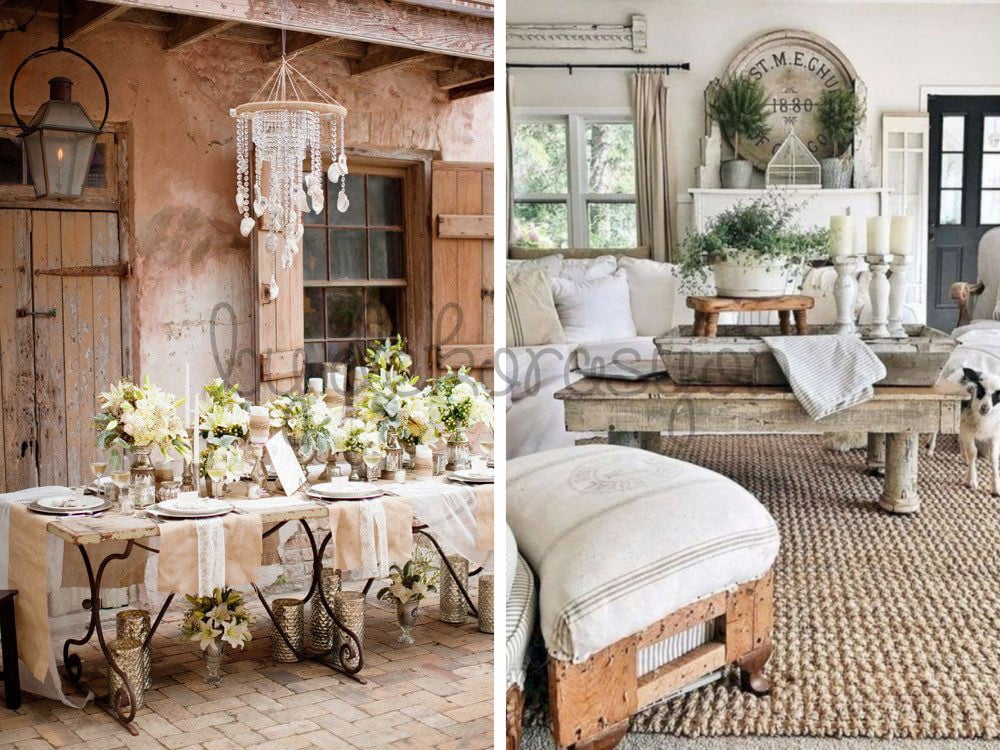 Açık konsept bir alanda rustik salon ve yemek odası