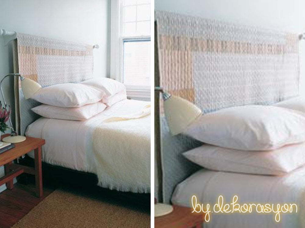 Eski yatak başlığını gizlemek için kullanılan perde ve kumaş fikri