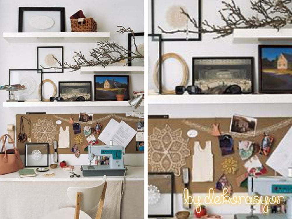 Çalışma masası arkasındaki duvara asılmış ilham panosu ve resimler