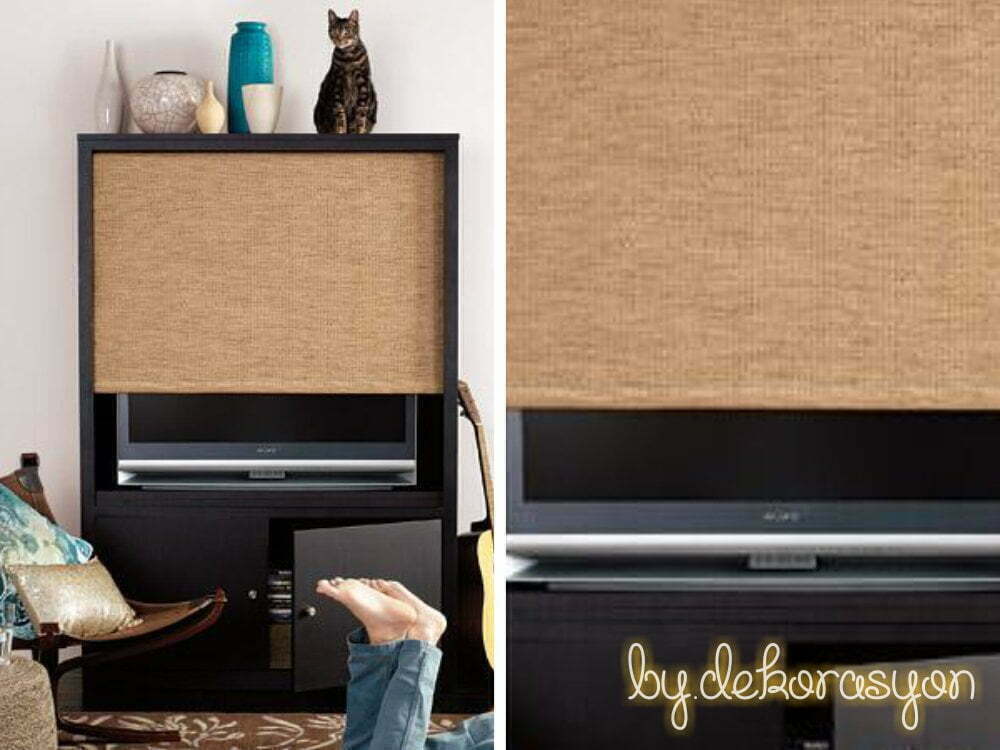 Televizyonu gizlemek için kullanılan stor perde mekanizması