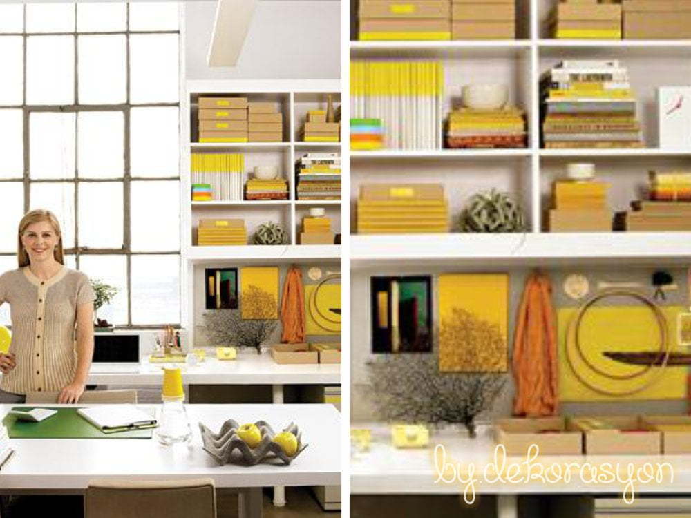 Sarı ve kahverengi tonları ile dekore edilmiş bir çalışma alanı