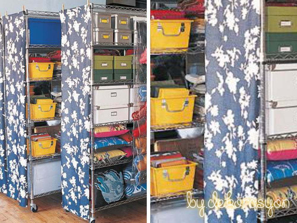 Desenli kumaşlarla kaplanmış saklama kutuları ve raflar